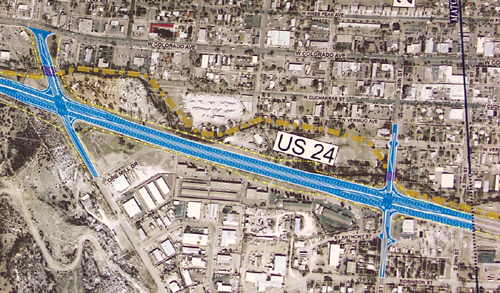 A scenario shows the 31st Street and 26th Street
intersections in the expressway alternative (six lanes, at grade, with stoplights).
courtesy of Colorado Department of Transportation 